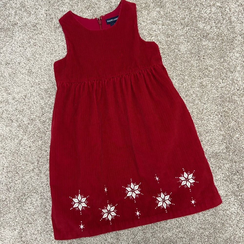 Ralph Lauren GIRLS Corduroy Jumper Dress Size 5 Snowflakes Christmas Holiday Red